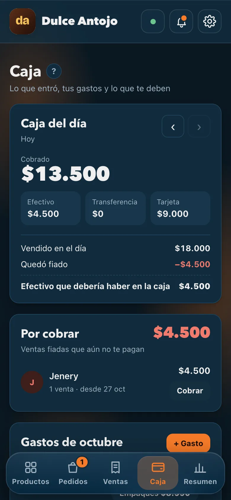 Caja del día con efectivo, transferencias, tarjeta, gastos y lo que te deben